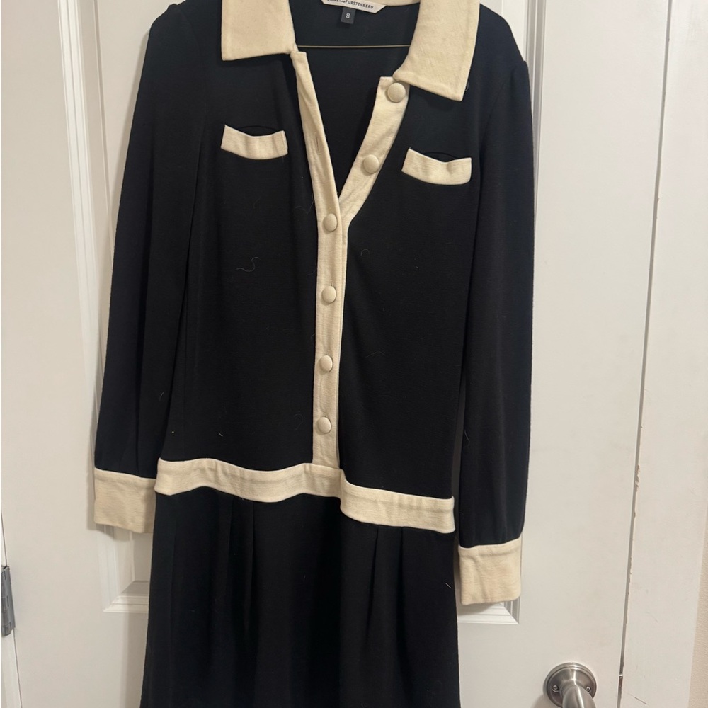 Chic Black and Cream Button-Up wool Dress